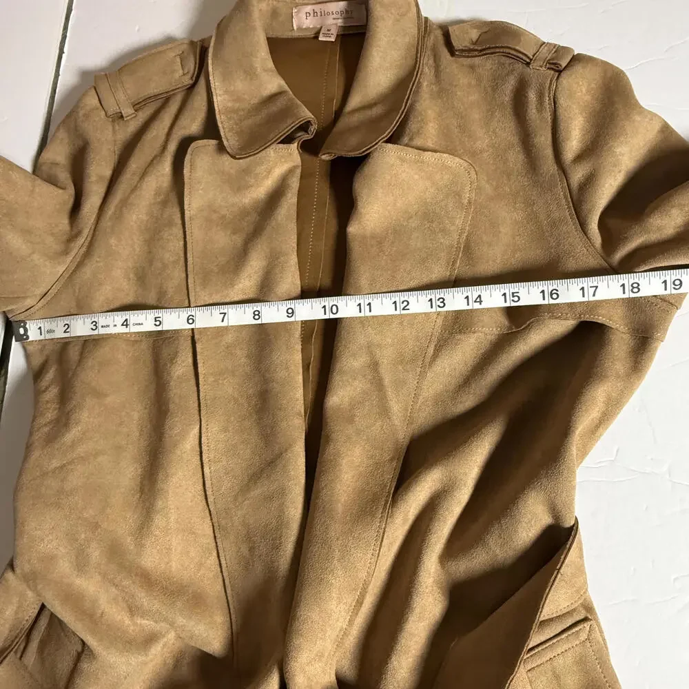 Philosophy Faux Suede Tan Trench Coat with Belt SZ‎ M. Y2K Trendy Career wear